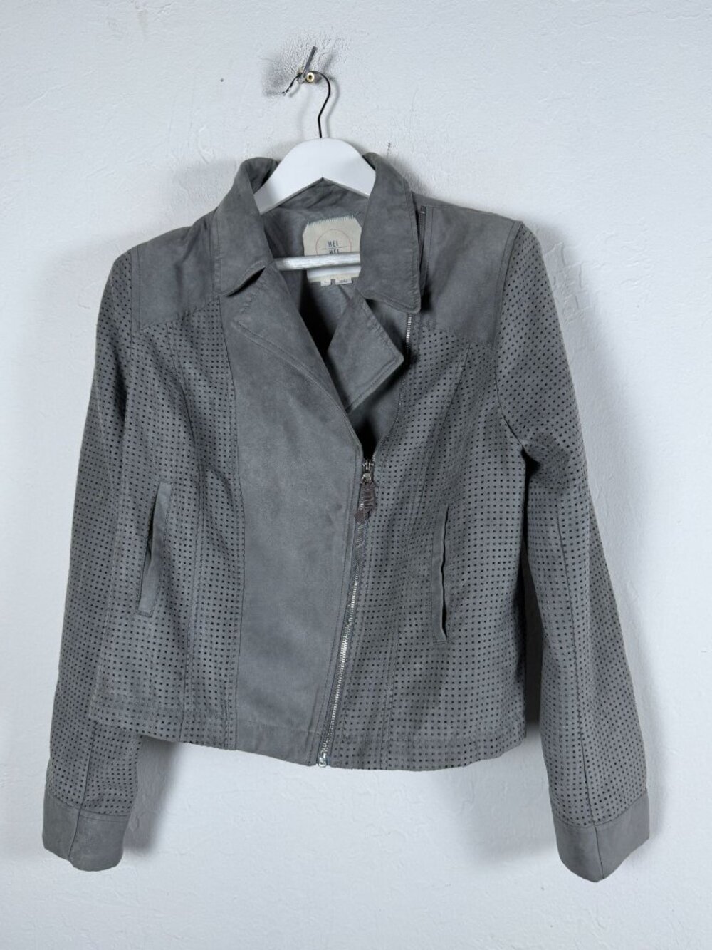 Hei Hei Anthropologie Grey Perforated Faux Suede Moto Jacket XL Asymmetric Zip